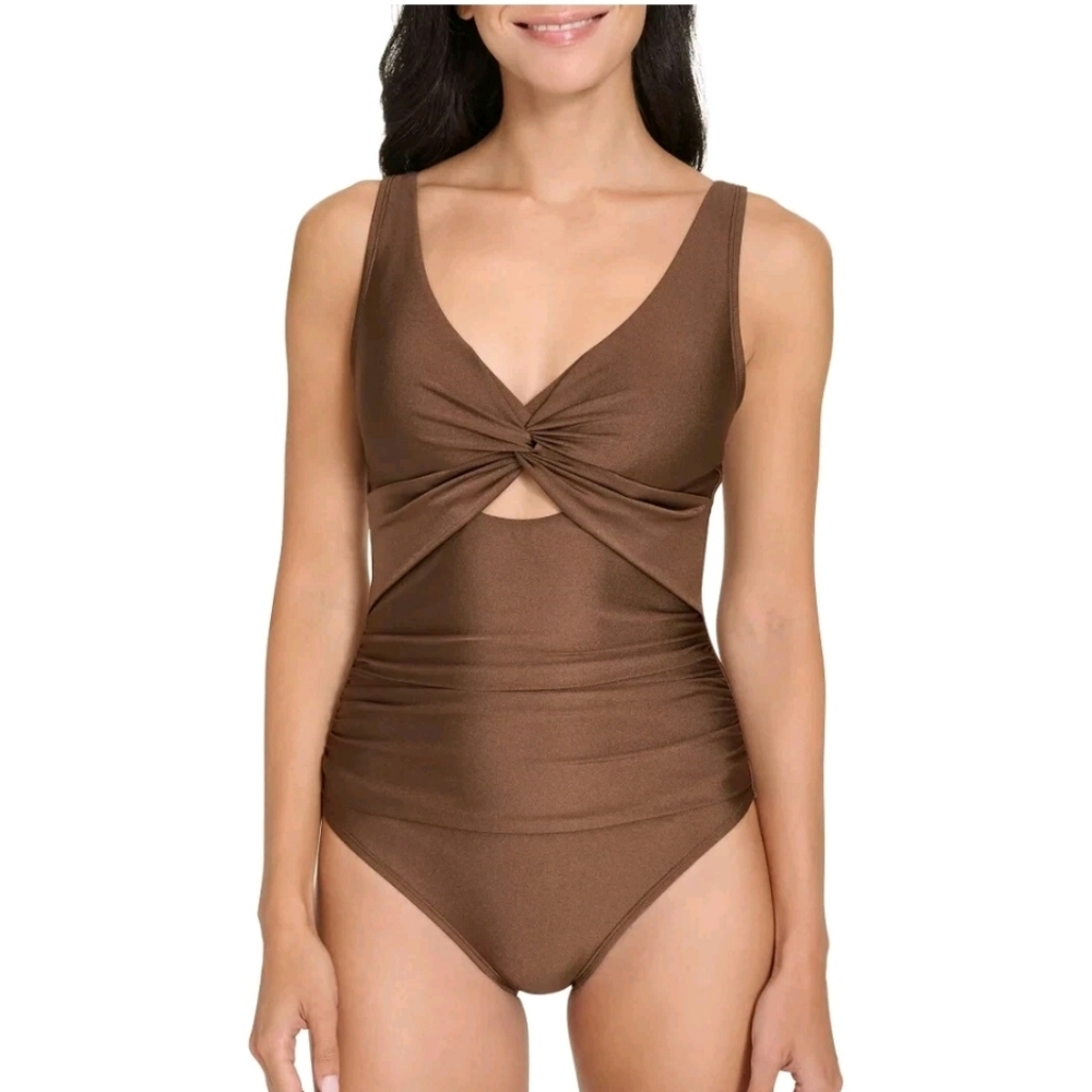 DKNY One Piece Womens Small Brown Twisted Knot Ruched‎ Swimsuit Beachwear - Picture 1 of 10